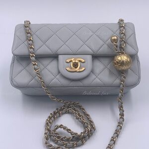 Authentic CHANEL Grey Lambskin Mini Rectangular Pearl Crush Flap Bag